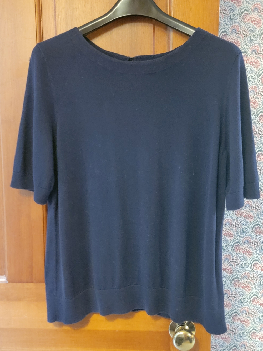 Talbots Navy Blue Short Sleeve Knit Sweater Top XL Keyhole Back Cotton Blend